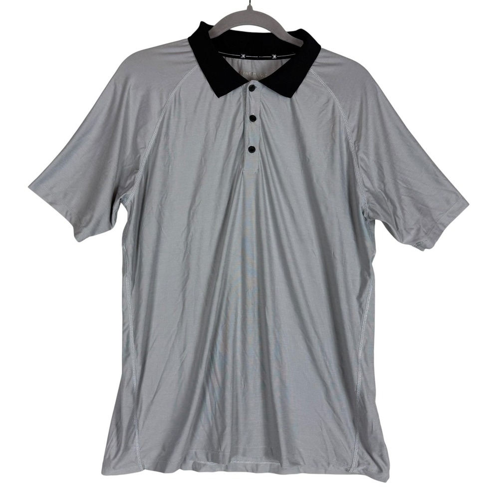 Kenneth Cole Polo Shirt Mens Large Gray Black Collar Short Sleeve Stretch Jersey
